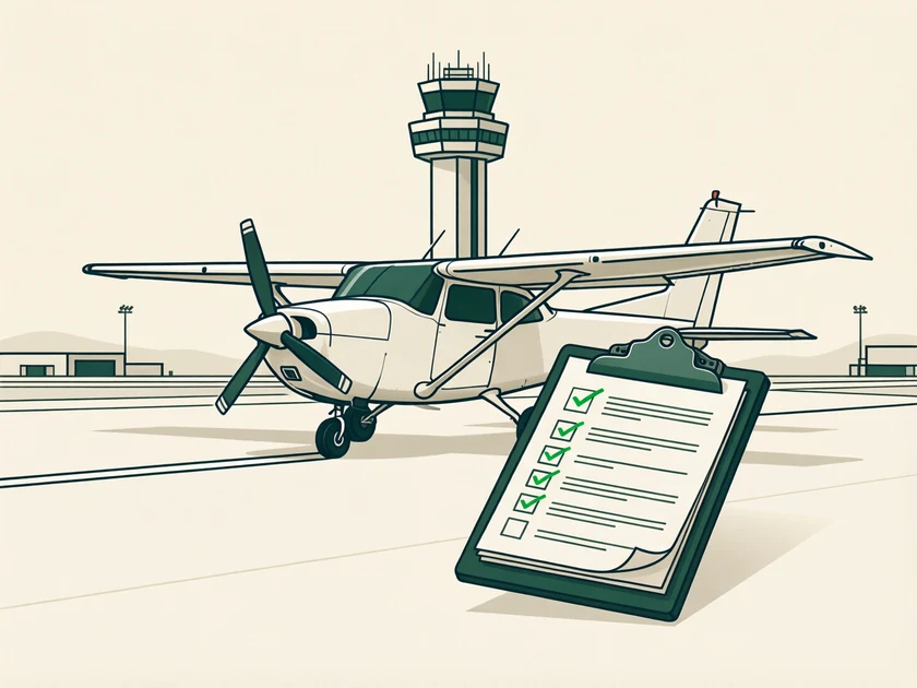 Illustration: a small aircraft on a runway during pre-flight checks, control tower behind, a checklist with green ticks in the foreground