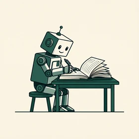 Illustration: a small robot at a desk, writing in an open ledger